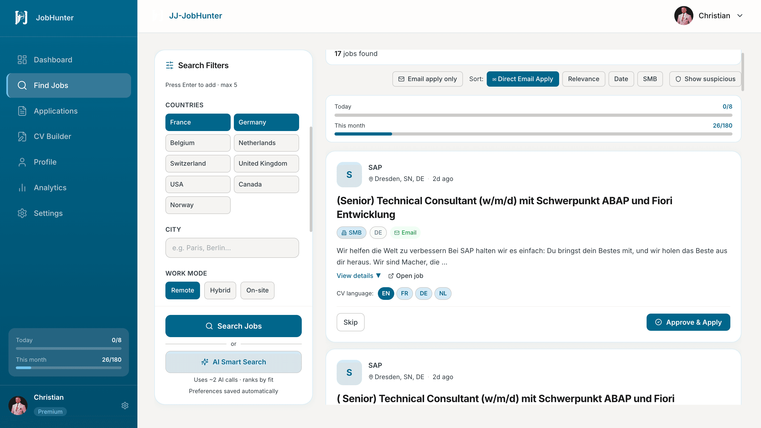 JJ-JobHunter dashboard — AI job search with matched, ranked job listings