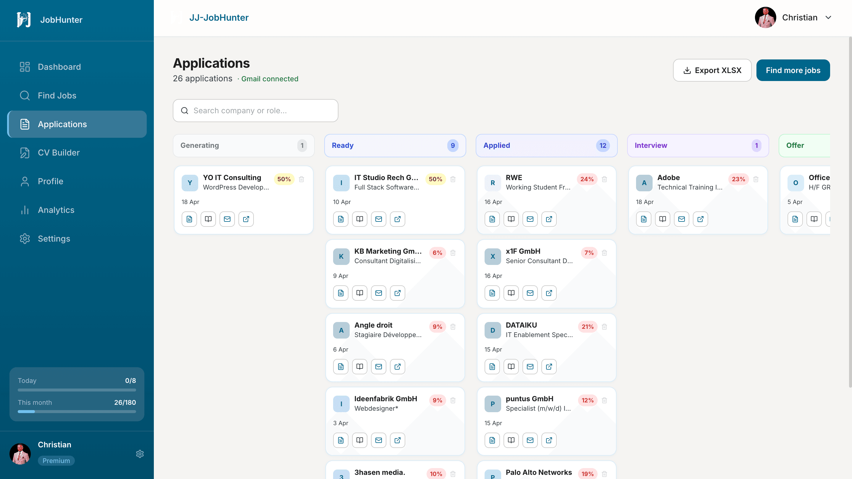 JJ-JobHunter application tracker showing applications organised by status